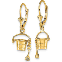 14K Yellow Gold 3D Beach Bucket and Shovel Leverback Drop Earrings by 0