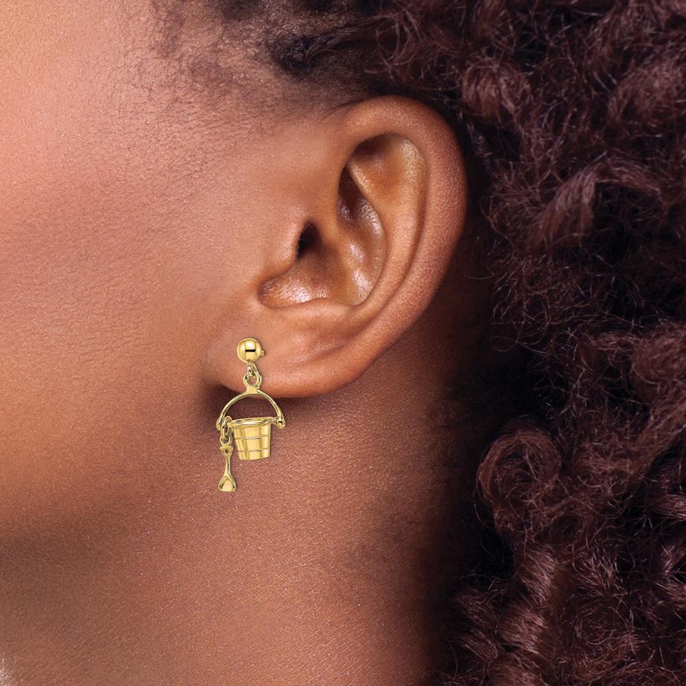 14K Yellow Gold 3D Beach Bucket with Shovel Dangle Earrings by 0