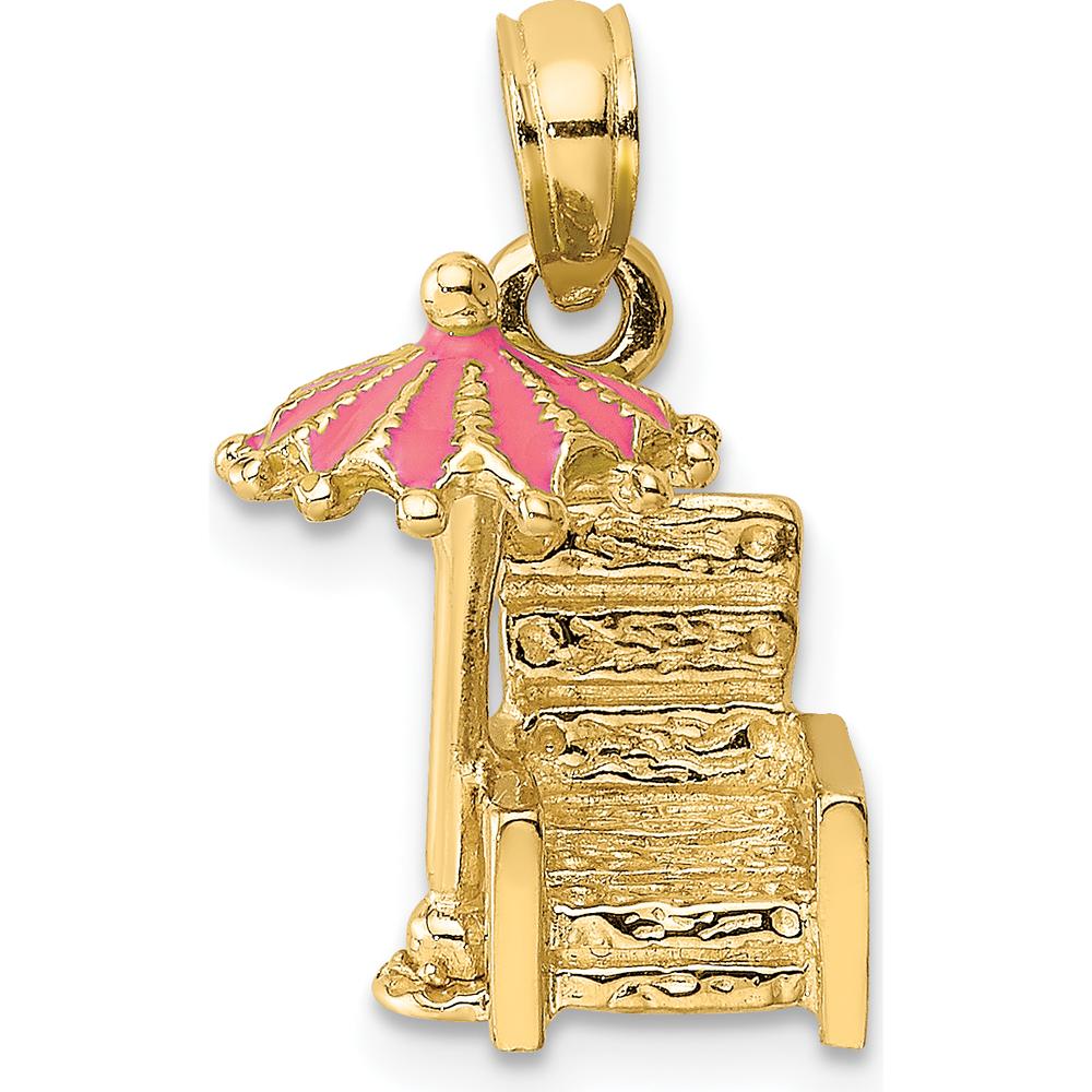 14K Yellow Gold 3D Beach Chair with Pink Enameled Umbrella Charm - Fun & Relaxing Beach Pendant by Oro Pregiato