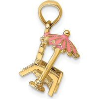 14K Yellow Gold 3D Beach Chair with Pink Enameled Umbrella Charm - Fun & Relaxing Beach Pendant by Oro Pregiato