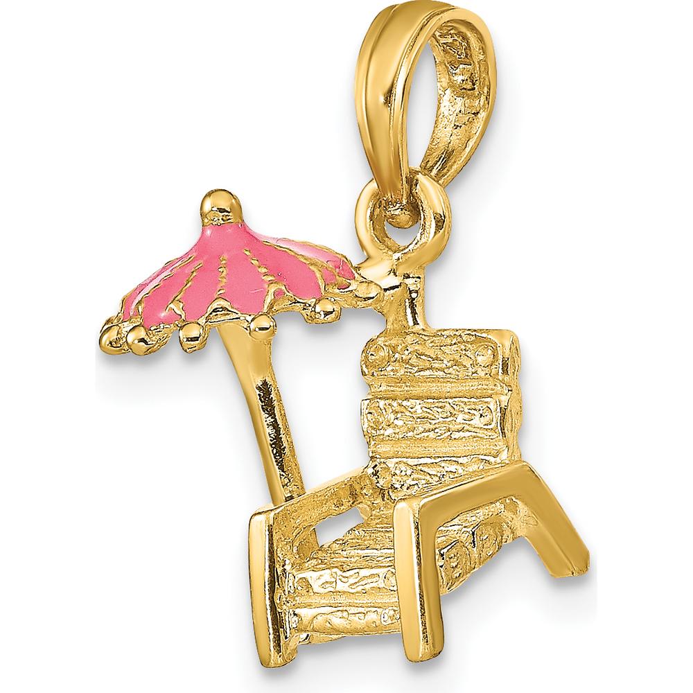 14K Yellow Gold 3D Beach Chair with Pink Enameled Umbrella Charm - Fun & Relaxing Beach Pendant by Oro Pregiato