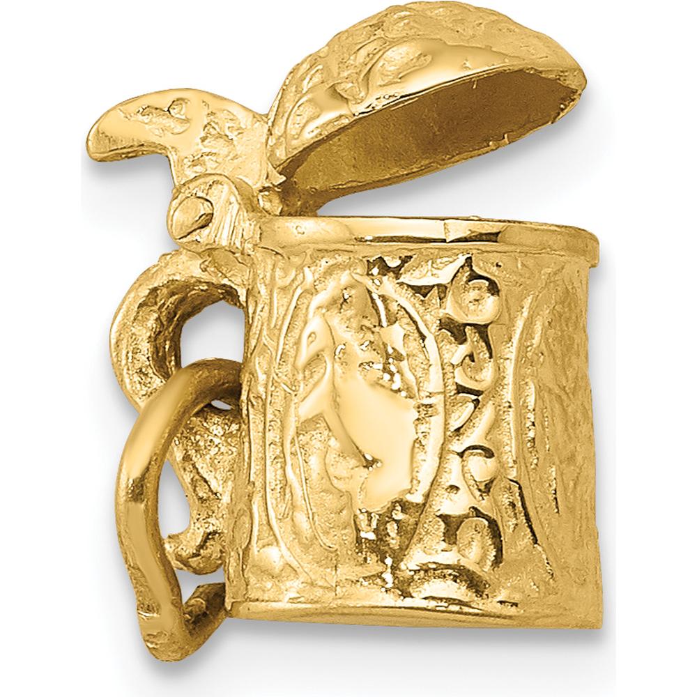 14K Yellow Gold 3D Beer Stein Lid Opens Charm - Textured 15mm Length