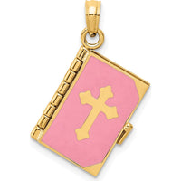 14K Yellow Gold 3D Bible Pendant with Pink Enamel and Moveable Pages by 0