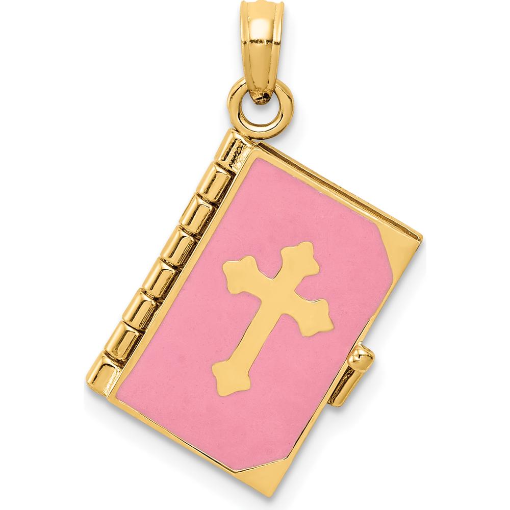 14K Yellow Gold 3D Bible Pendant with Pink Enamel and Moveable Pages by 0