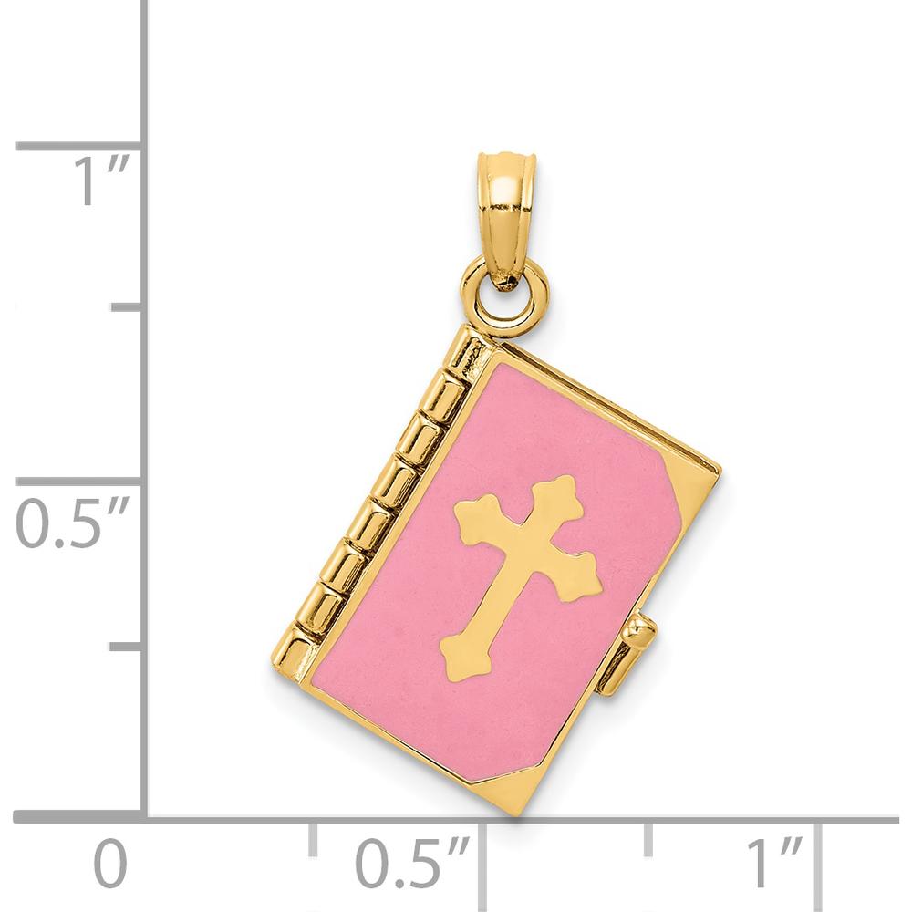 14K Yellow Gold 3D Bible Pendant with Pink Enamel and Moveable Pages by 0