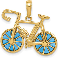 14K Yellow Gold 3D Bicycle Pendant with Moveable Wheels and Blue Enamel Accents by Oro Pregiato