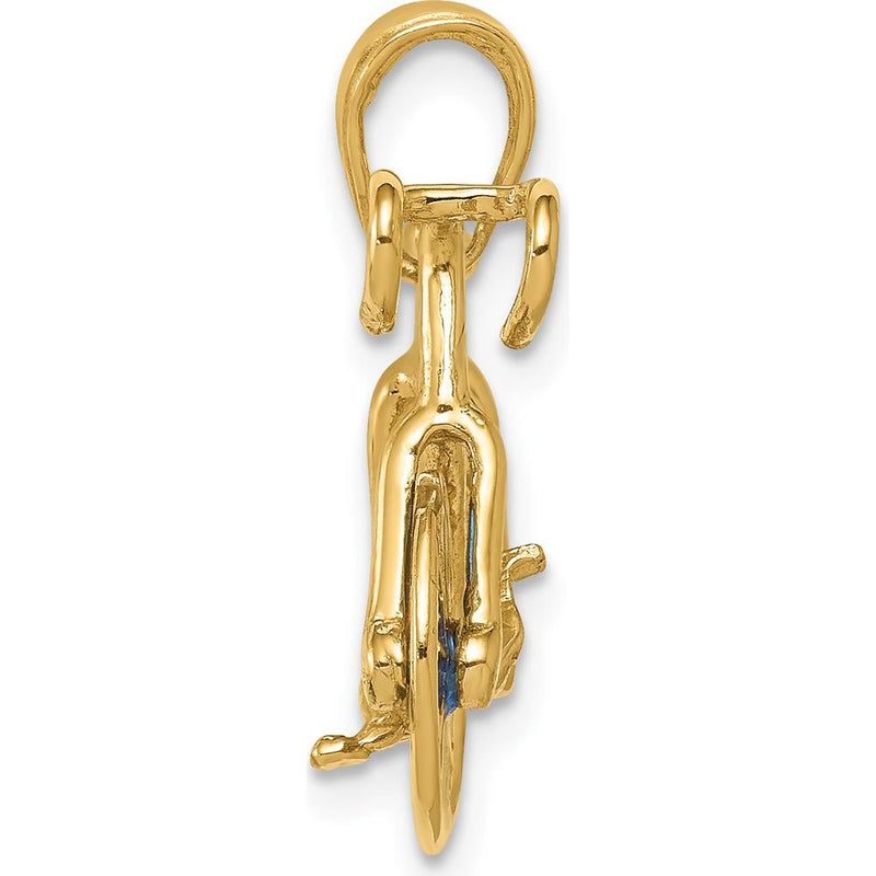 14K Yellow Gold 3D Bicycle Pendant with Moveable Wheels and Blue Enamel Accents by Oro Pregiato
