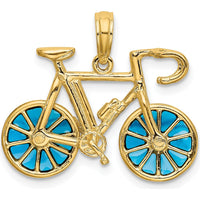 14K Yellow Gold 3D Bicycle Pendant with Moveable Wheels and Blue Enamel Accents by Oro Pregiato