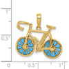 14K Yellow Gold 3D Bicycle Pendant with Moveable Wheels and Blue Enamel Accents by Oro Pregiato
