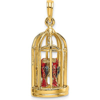 14K Yellow Gold 3D Bird Cage Pendant with Colorful Enameled Birds by Oro Pregiato