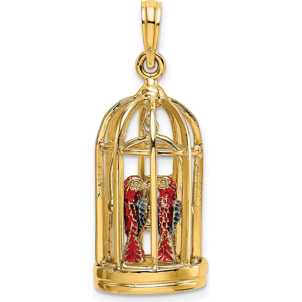 14K Yellow Gold 3D Bird Cage Pendant with Colorful Enameled Birds by Oro Pregiato