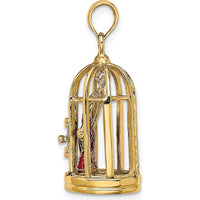14K Yellow Gold 3D Bird Cage Pendant with Colorful Enameled Birds by Oro Pregiato
