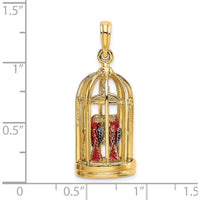 14K Yellow Gold 3D Bird Cage Pendant with Colorful Enameled Birds by Oro Pregiato