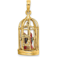 14K Yellow Gold 3D Bird Cage Pendant with Colorful Enameled Birds by Oro Pregiato