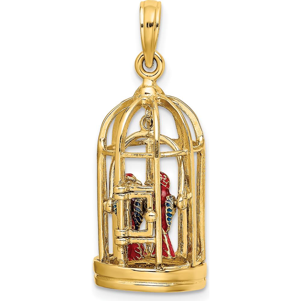 14K Yellow Gold 3D Bird Cage Pendant with Colorful Enameled Birds by Oro Pregiato