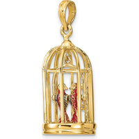14K Yellow Gold 3D Bird Cage Pendant with Colorful Enameled Birds by Oro Pregiato