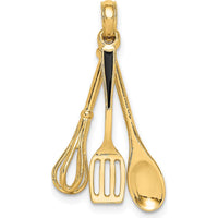14K Yellow Gold 3D Black Enamel Kitchen Tools Charm Set with Whisk, Spatula, and Wooden Spoon by Oro Pregiato