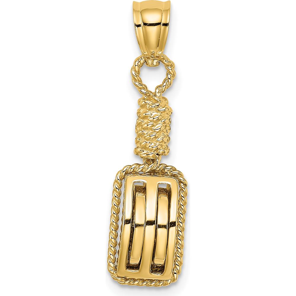 14K Yellow Gold 3D Block Mariners Pulley Charm with Rope Bail by Oro Pregiato