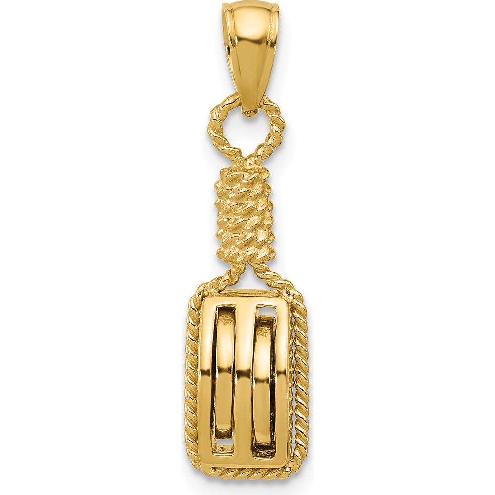 14K Yellow Gold 3D Block Mariners Pulley Charm with Rope Bail by Oro Pregiato