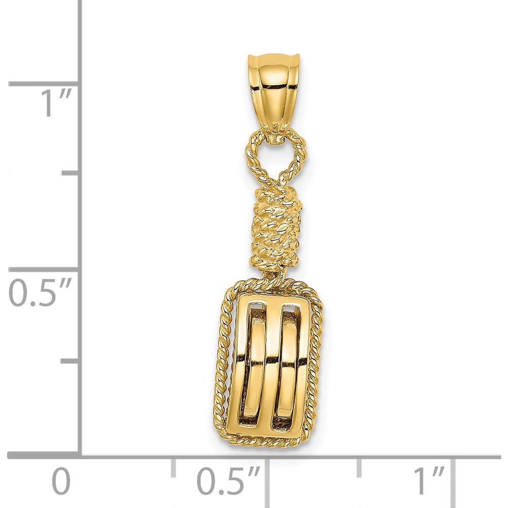 14K Yellow Gold 3D Block Mariners Pulley Charm with Rope Bail by Oro Pregiato