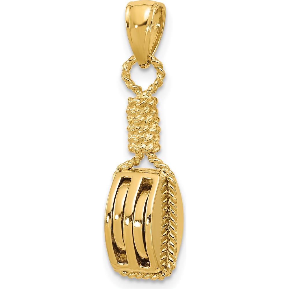 14K Yellow Gold 3D Block Mariners Pulley Charm with Rope Bail by Oro Pregiato