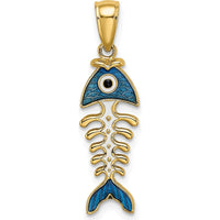 14K Yellow Gold 3D Blue Enamel Fish Bone Charm by Oro Pregiato