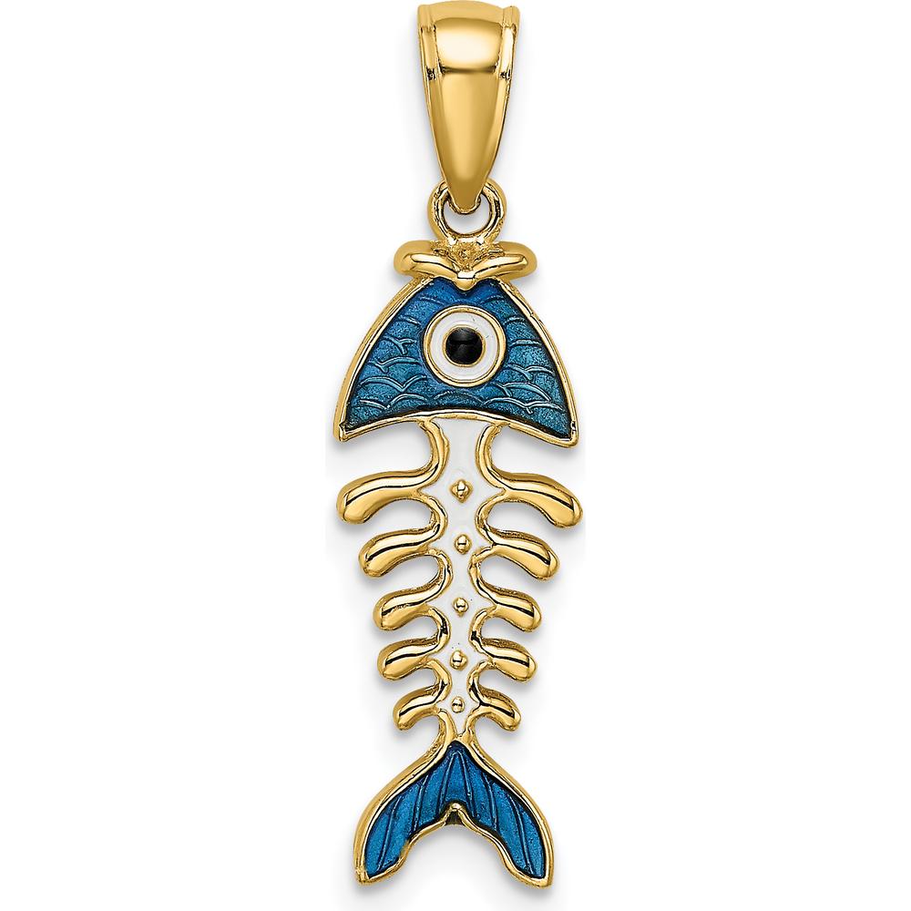 14K Yellow Gold 3D Blue Enamel Fish Bone Charm by Oro Pregiato