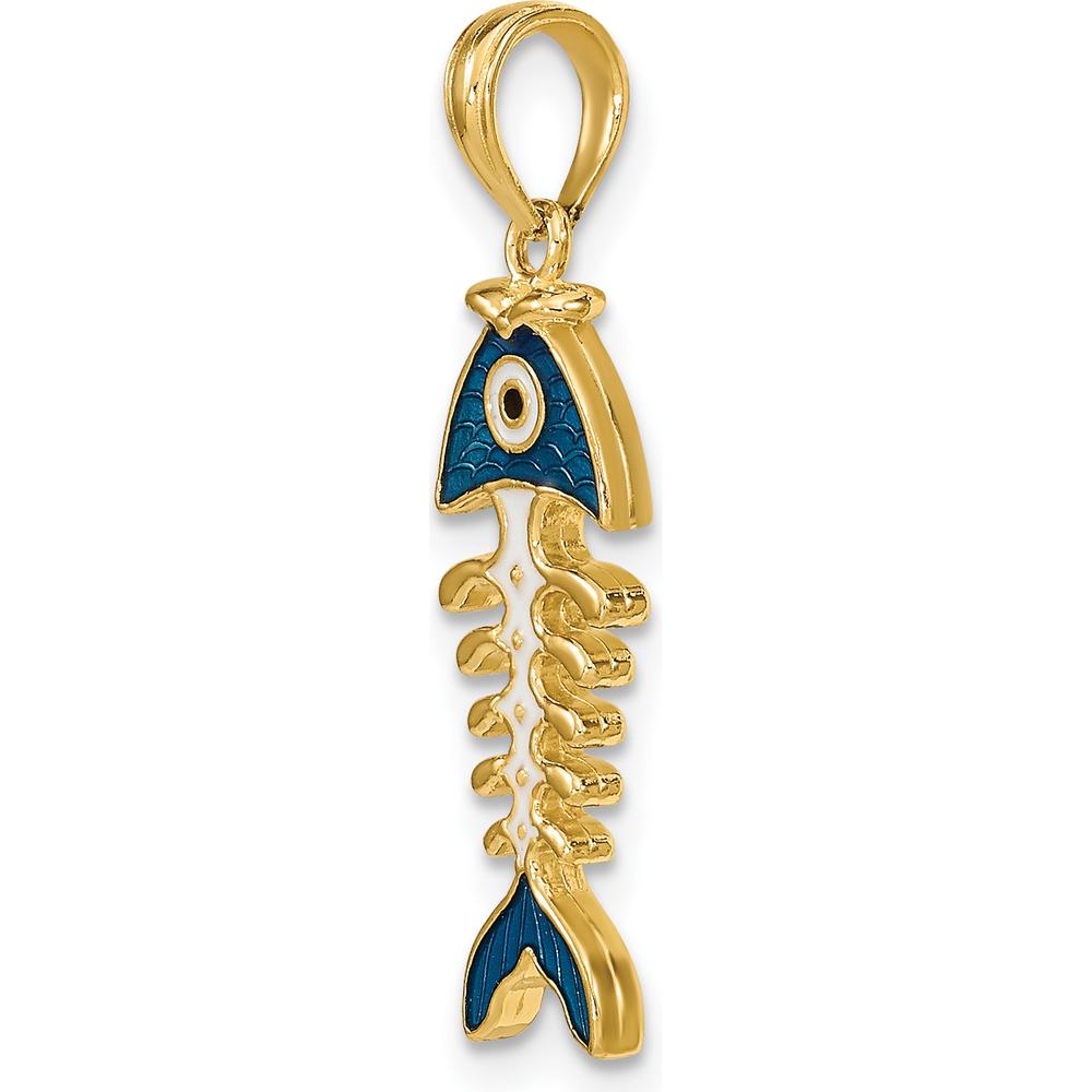 14K Yellow Gold 3D Blue Enamel Fish Bone Charm by Oro Pregiato