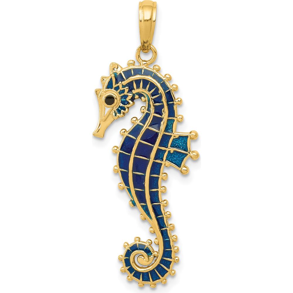 14K Yellow Gold 3D Blue Enamel Seahorse Pendant - Polished Finish by Oro Pregiato