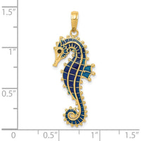 14K Yellow Gold 3D Blue Enamel Seahorse Pendant - Polished Finish by Oro Pregiato