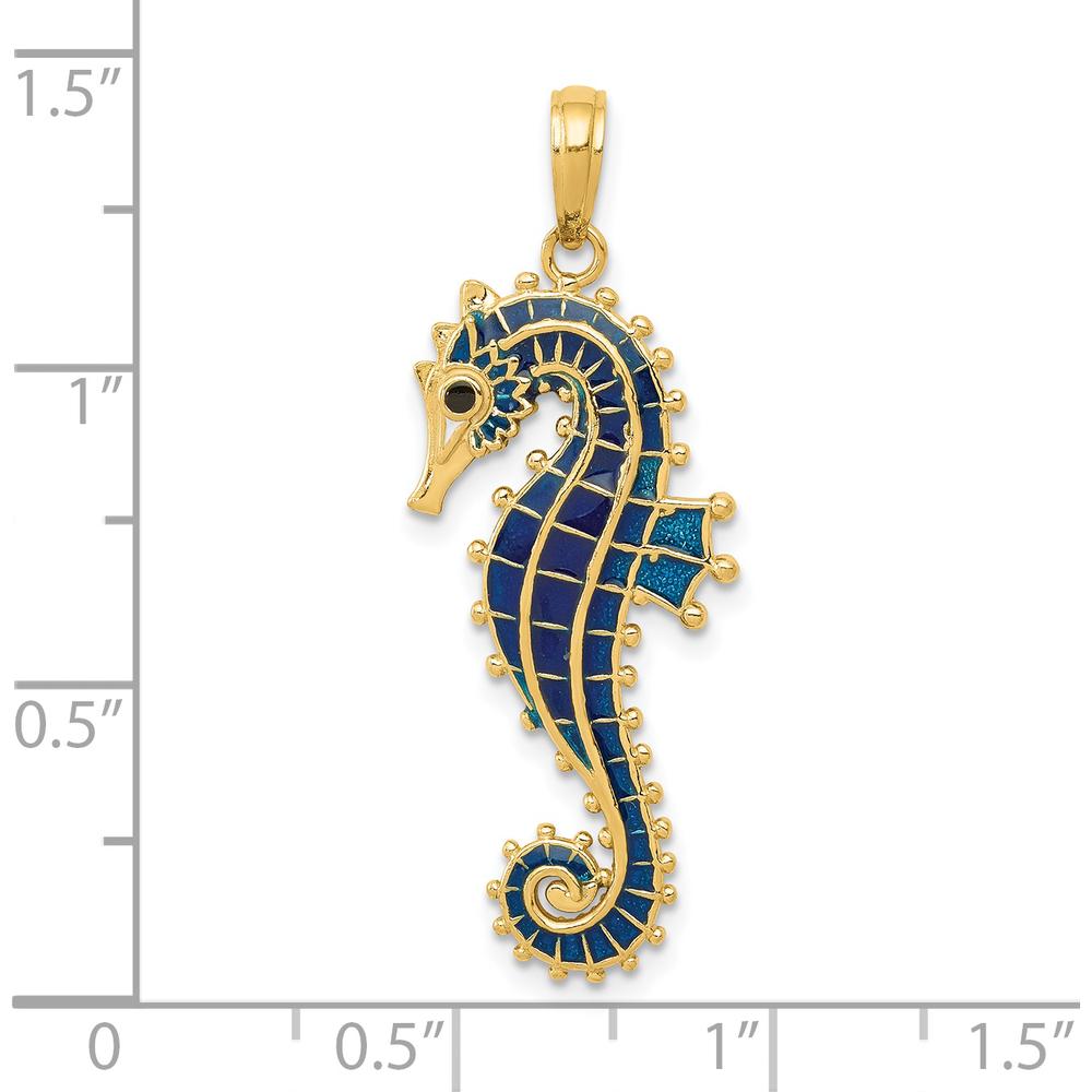14K Yellow Gold 3D Blue Enamel Seahorse Pendant - Polished Finish by Oro Pregiato