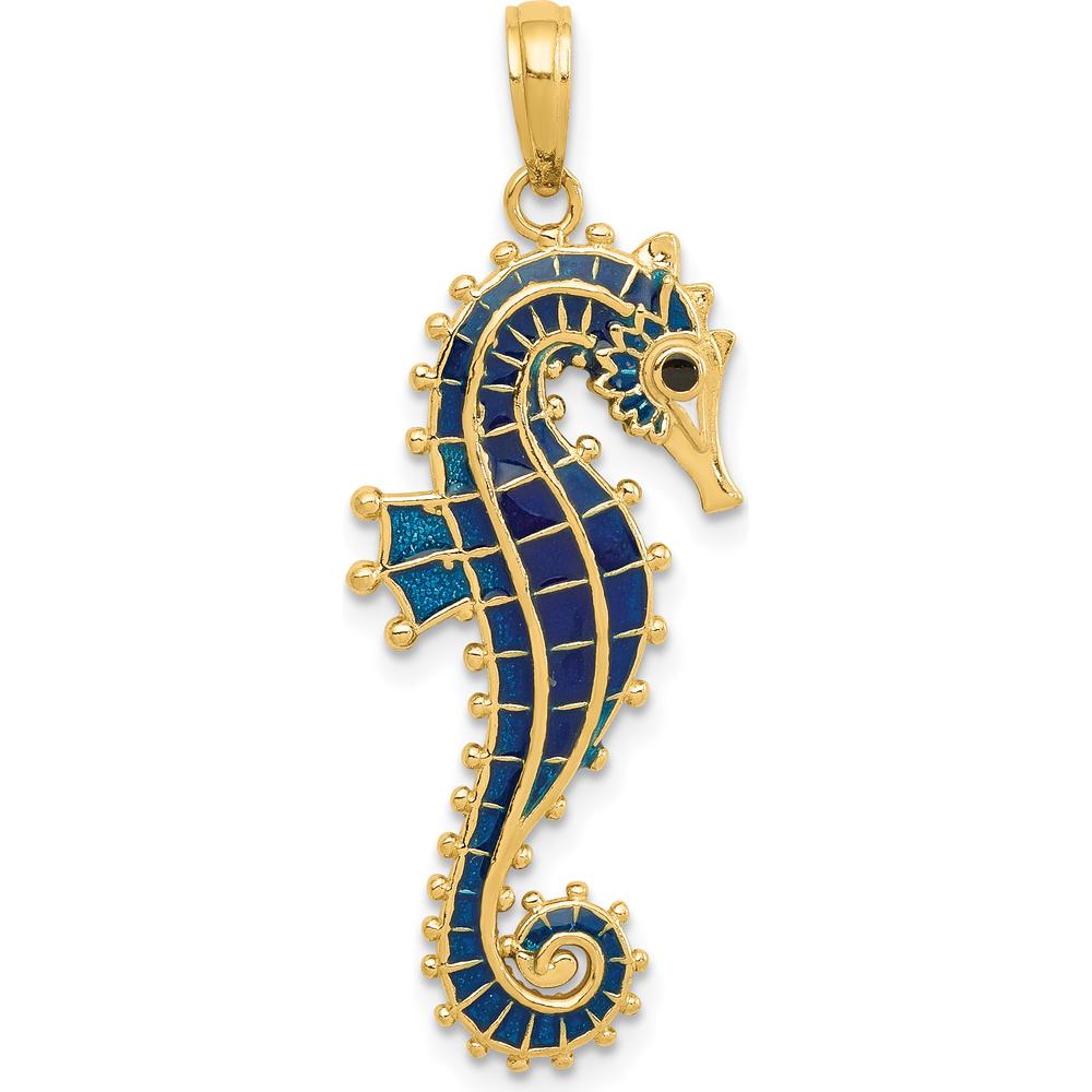 14K Yellow Gold 3D Blue Enamel Seahorse Pendant - Polished Finish by Oro Pregiato