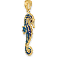 14K Yellow Gold 3D Blue Enamel Seahorse Pendant - Polished Finish by Oro Pregiato