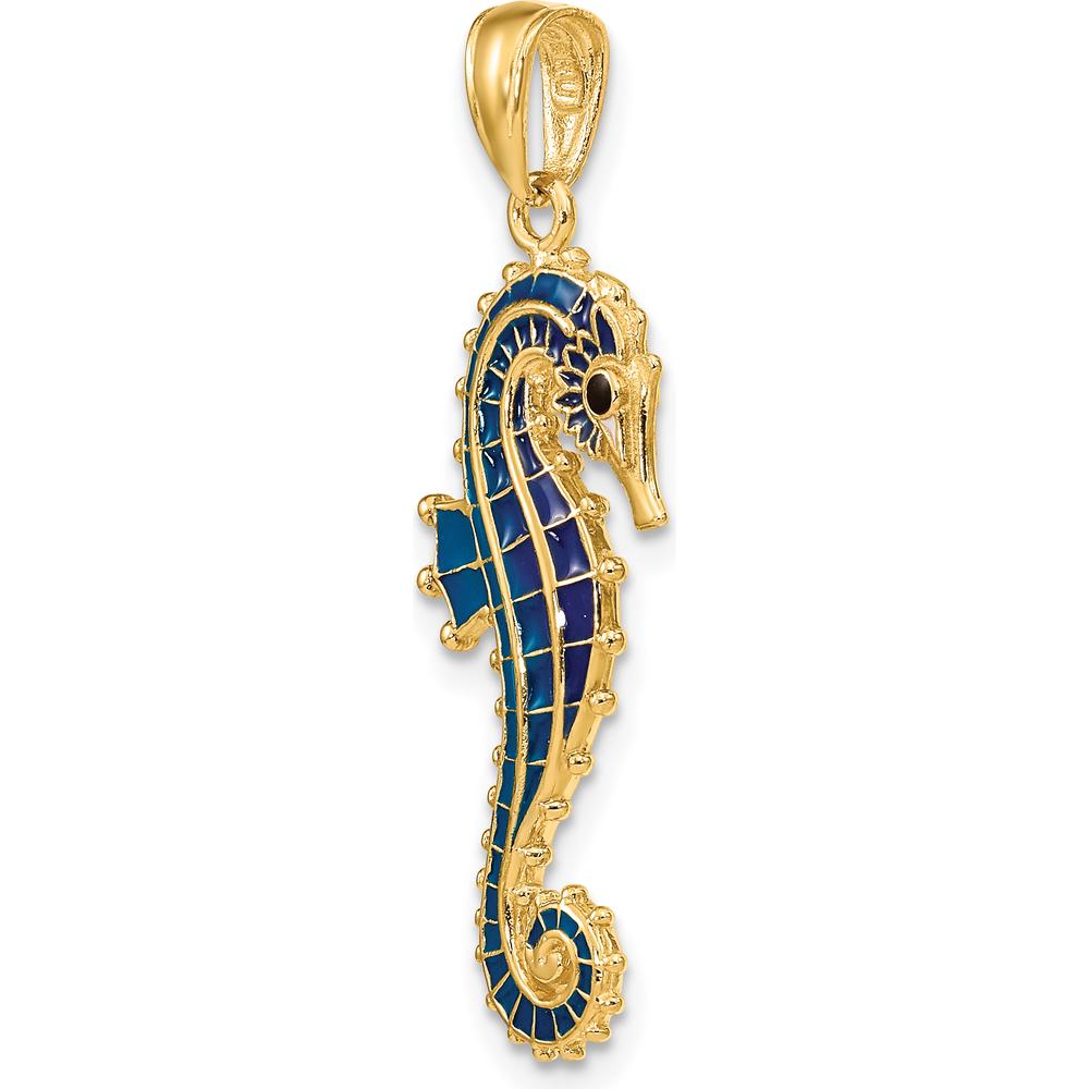 14K Yellow Gold 3D Blue Enamel Seahorse Pendant - Polished Finish by Oro Pregiato