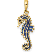14K Yellow Gold 3D Blue Enamel Seahorse Pendant - Textured Charm with Polished Finish by Oro Pregiato