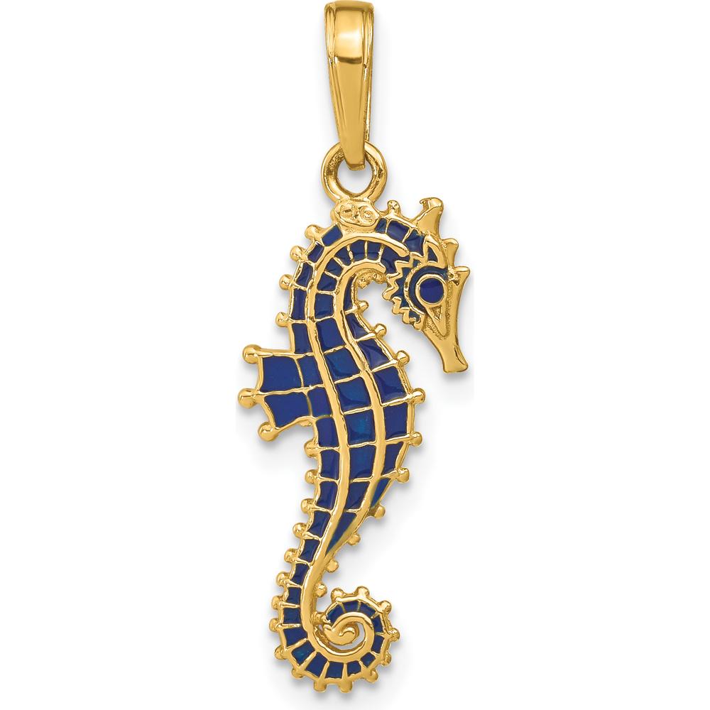 14K Yellow Gold 3D Blue Enamel Seahorse Pendant - Textured Charm with Polished Finish by Oro Pregiato