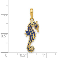 14K Yellow Gold 3D Blue Enamel Seahorse Pendant - Textured Charm with Polished Finish by Oro Pregiato