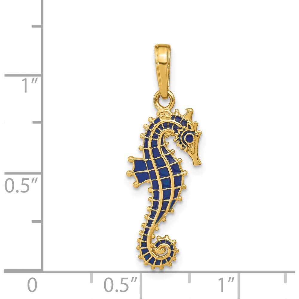 14K Yellow Gold 3D Blue Enamel Seahorse Pendant - Textured Charm with Polished Finish by Oro Pregiato