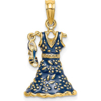 14K Yellow Gold 3D Blue Floral Enamel Dress Pendant with Moveable Dangle Shoe Charm by Oro Pregiato