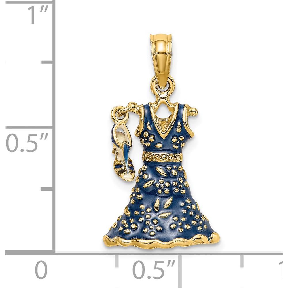 14K Yellow Gold 3D Blue Floral Enamel Dress Pendant with Moveable Dangle Shoe Charm by Oro Pregiato