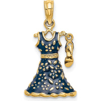 14K Yellow Gold 3D Blue Floral Enamel Dress Pendant with Moveable Dangle Shoe Charm by Oro Pregiato