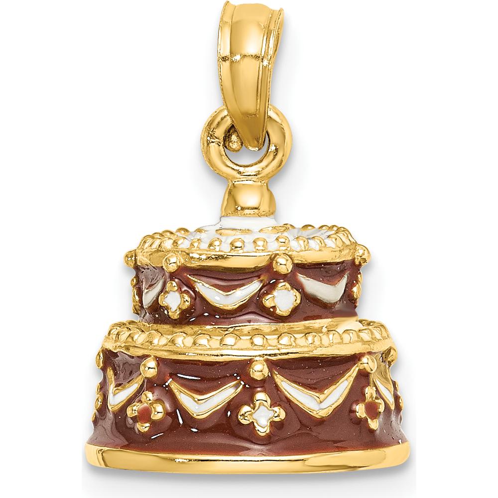14K Yellow Gold 3D Brown Enamel Happy Birthday Cake Charm - Polished Finish by Oro Pregiato
