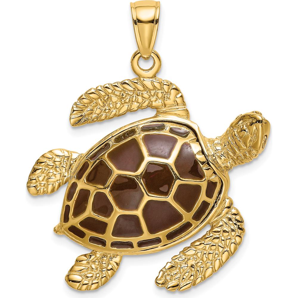 14K Yellow Gold 3D Brown Enamel Sea Turtle Pendant Charm by Oro Pregiato