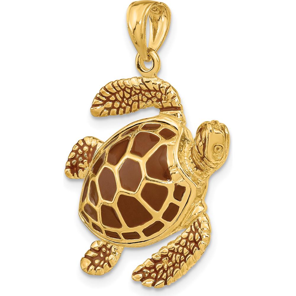 14K Yellow Gold 3D Brown Enamel Sea Turtle Pendant Charm by Oro Pregiato