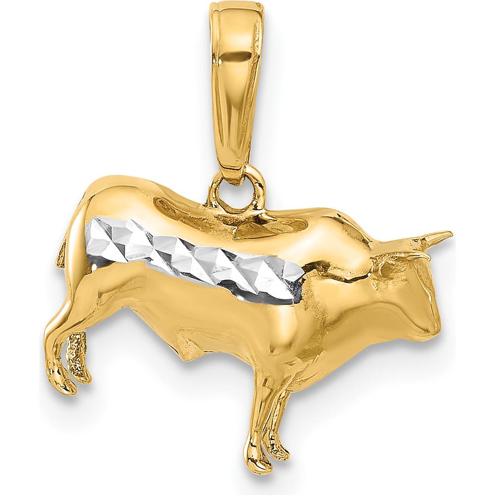 14K Yellow Gold 3D Bull Pendant with White Rhodium Diamond-Cut Accents by Oro Pregiato