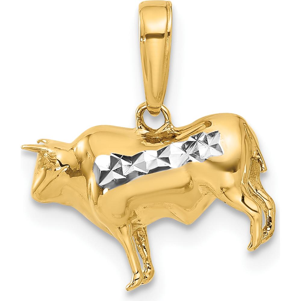 14K Yellow Gold 3D Bull Pendant with White Rhodium Diamond-Cut Accents by Oro Pregiato
