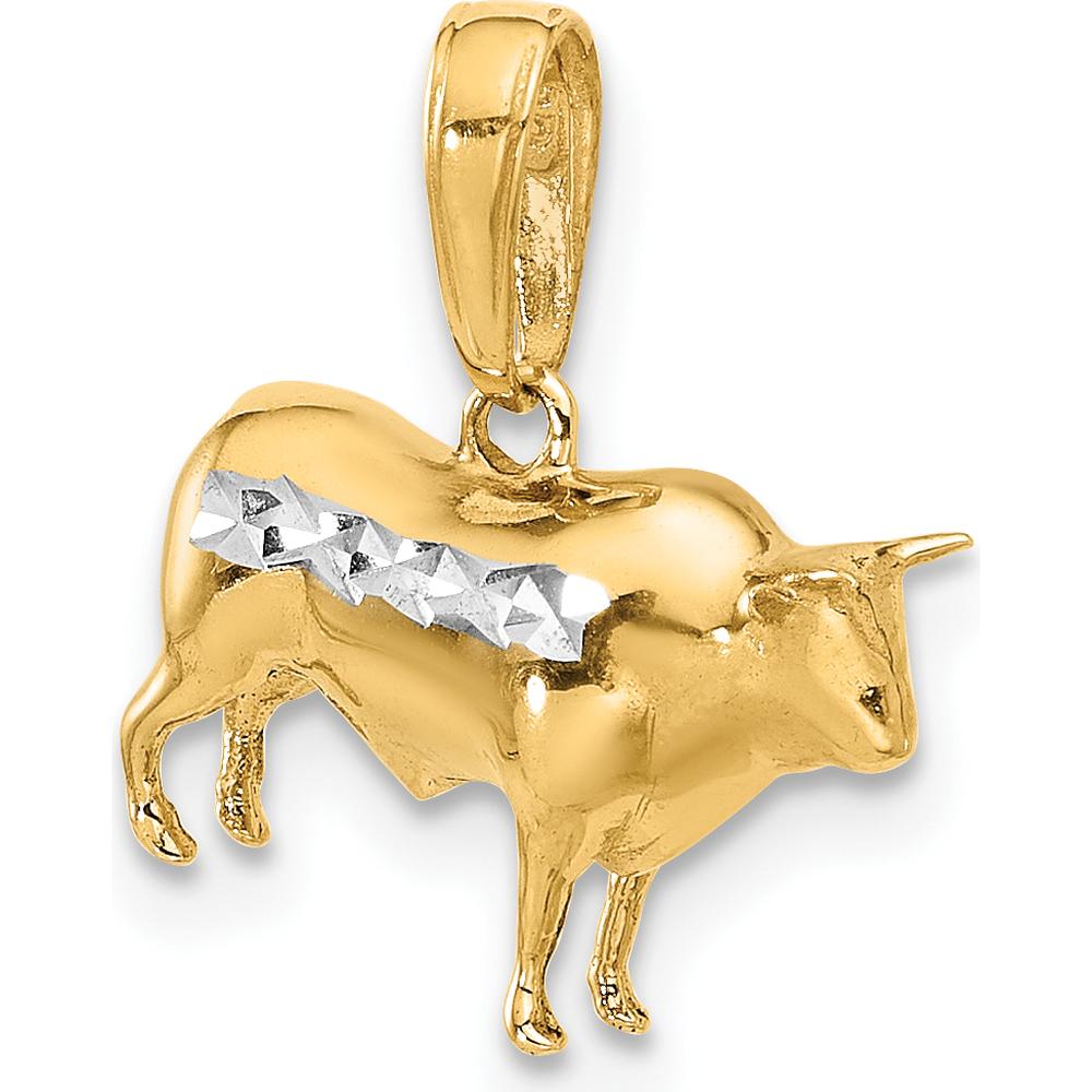 14K Yellow Gold 3D Bull Pendant with White Rhodium Diamond-Cut Accents by Oro Pregiato