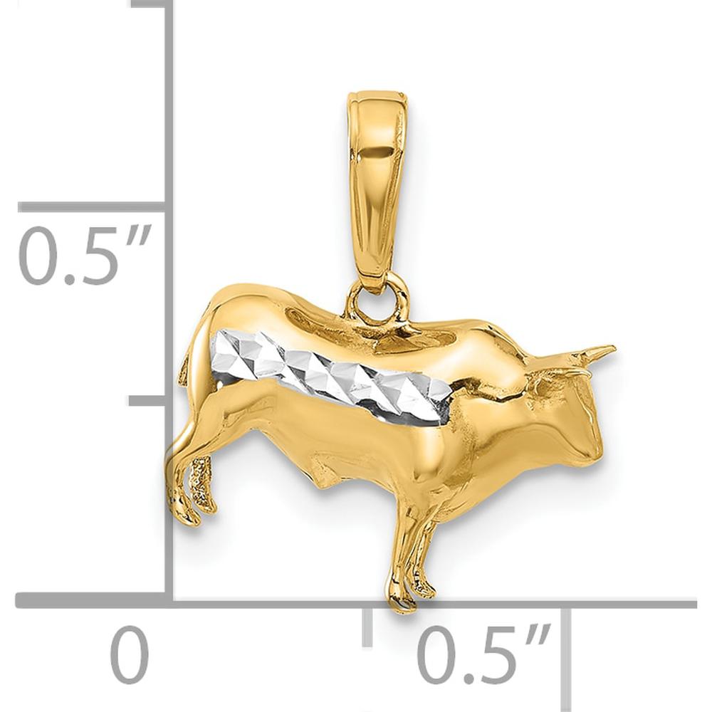 14K Yellow Gold 3D Bull Pendant with White Rhodium Diamond-Cut Accents by Oro Pregiato