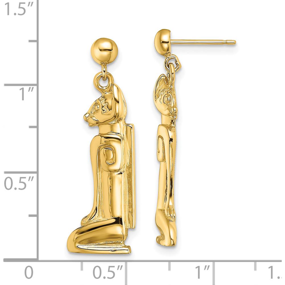 14K Yellow Gold 3D Cat Dangle Earrings, Polished Finish, Statement Jewelry by 0