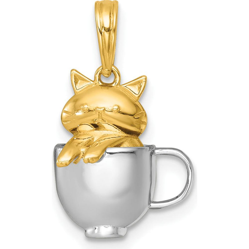 14K Yellow Gold 3D Cat in Mug Pendant with White Rhodium Accents - Playful Charm by Oro Pregiato